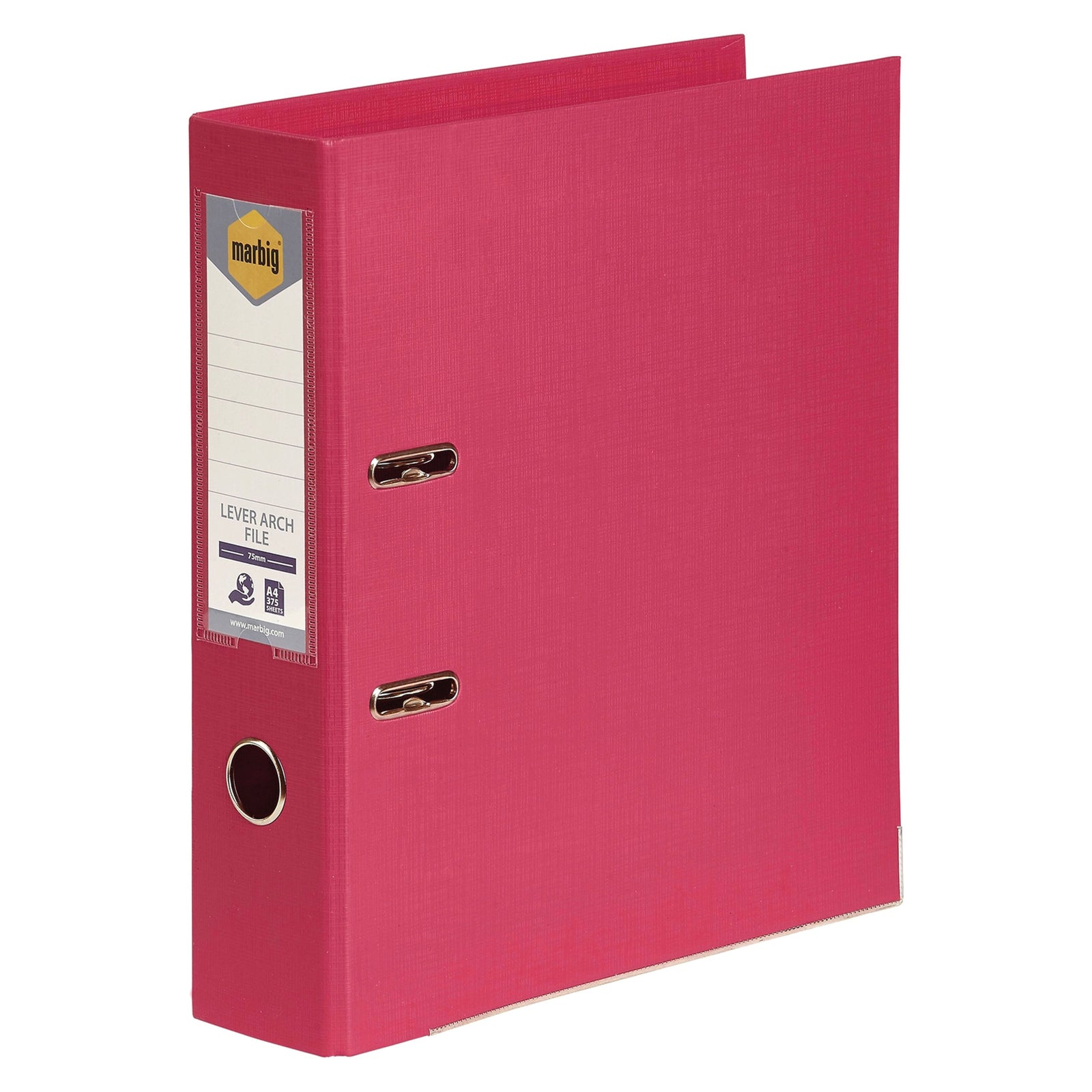 Angled studio image of the Marbig Lever Arch File A4 PE Coral highlighting the replaceable spine label, reinforced metal thumb hole, vibrant coral finish and robust lever arch mechanism against a clean white background.