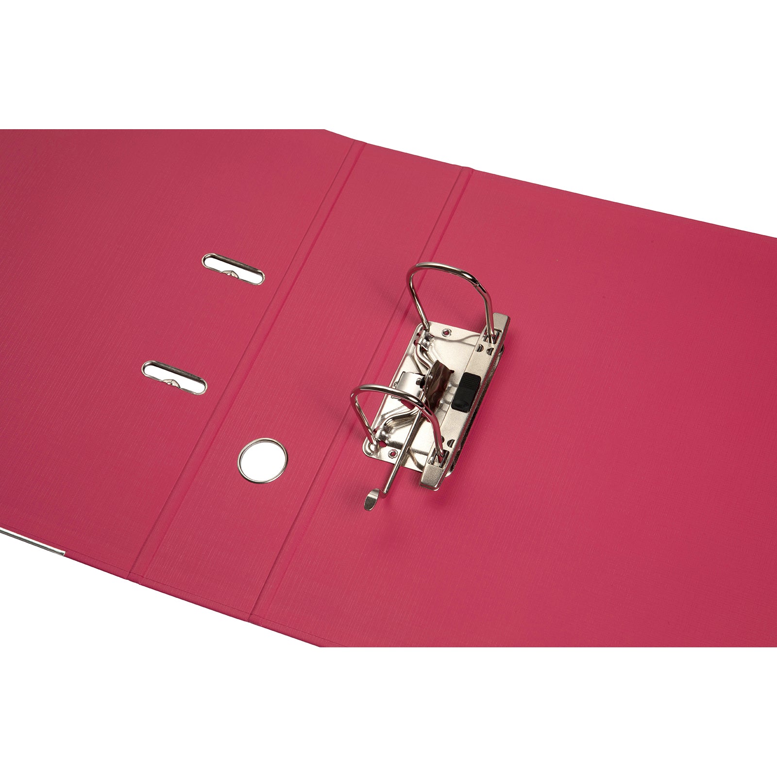 Interior close up of the Marbig lever arch mechanism showing the strong locking system, rado fitting and durable metal components designed to securely hold up to 375 A4 sheets.