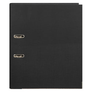Front of the Marbig black foolscap lever arch file with its linen texture, two metal rimmed rings and a metal strip along the base