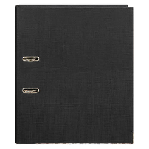 Front of the Marbig black foolscap lever arch file with its linen texture, two metal rimmed rings and a metal strip along the base