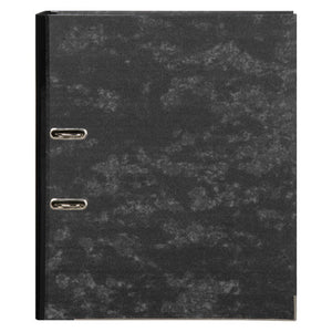 Front of a Marbig foolscap lever arch file in black and grey mottle board with a solid black spine strip and two metal eyelets