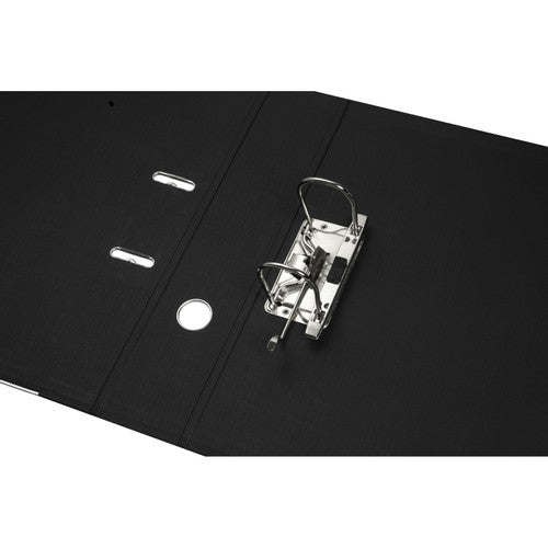 Marbig black foolscap lever arch file opened flat showing the two arch lever mechanism, locking catch and ringed thumb hole