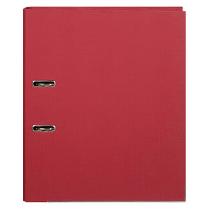 Front cover of a Marbig deep red foolscap lever arch file showing the linen texture and two metal rimmed rings