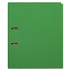 Green Marbig foolscap lever arch file seen from the front, with a linen textured cover and two metal rimmed rings by the spine