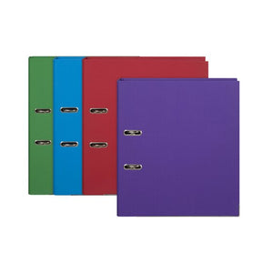 Four Marbig PE lever arch files fanned out in green, sky blue, deep red and purple, showing the linen covers and metal rimmed rings