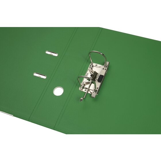Green Marbig PE lever arch file opened flat to show the two arch lever mechanism, locking catch and ringed thumb hole