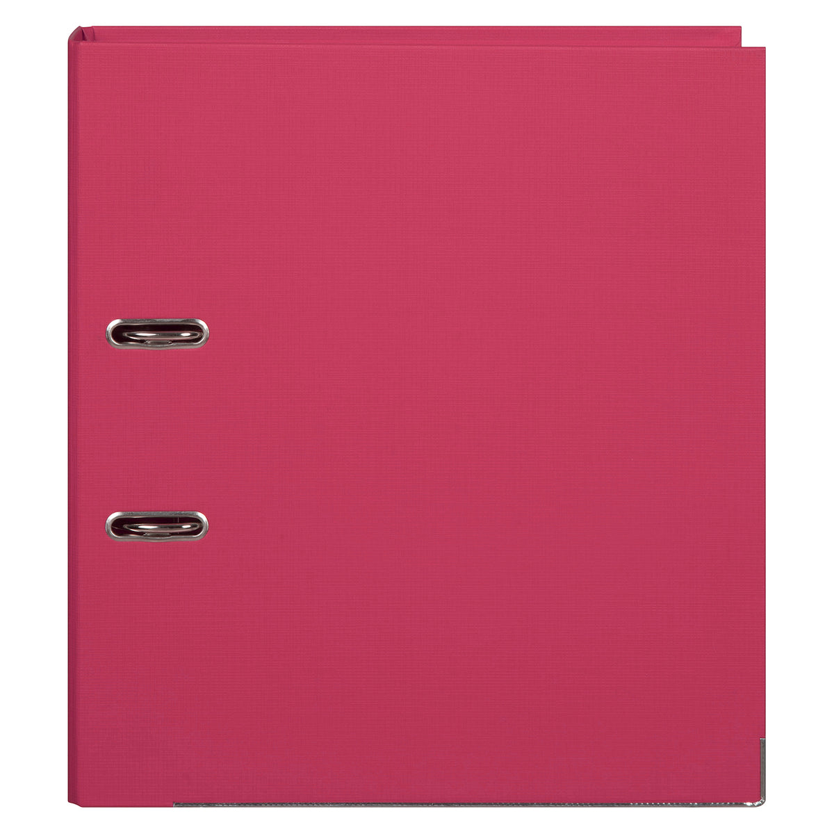Front cover of the Marbig coral PE lever arch file with its linen texture and two metal rimmed rings near the spine