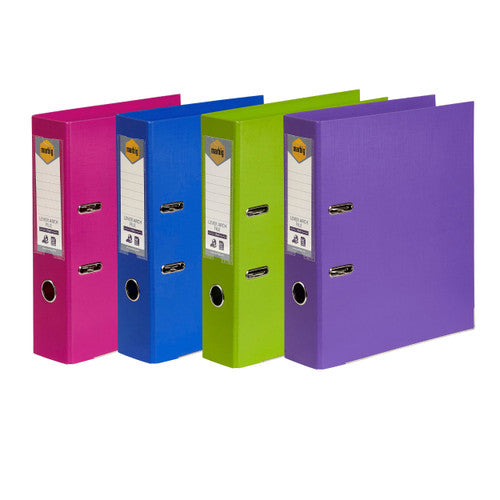 Four Marbig lever arch files standing side by side in pink, blue, lime and purple, each with a spine label and a metal thumbhole