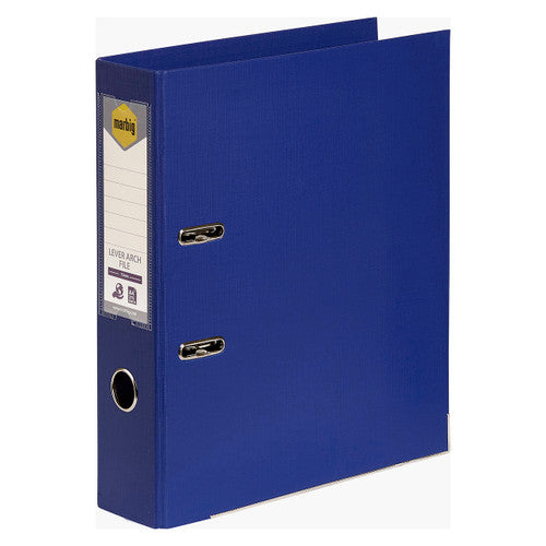 Marbig 6601001 deep blue A4 lever arch file at an angle, with the Marbig label on the spine and a round thumb hole near the base