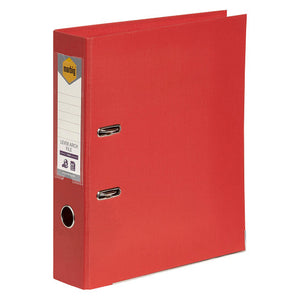 Marbig 6601003 bright red A4 lever arch file shown at an angle with its spine label pocket and round thumb hole