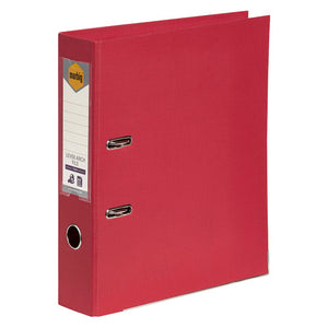 Single Marbig 6601016 deep red A4 lever arch file at an angle with its spine label and round thumb hole