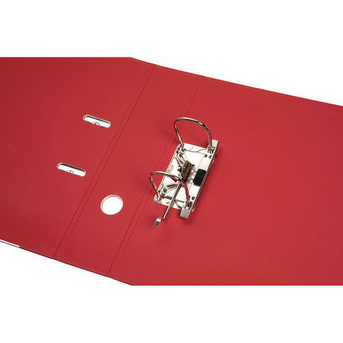 Deep red Marbig lever arch file opened out flat with the two arch lever mechanism fixed inside