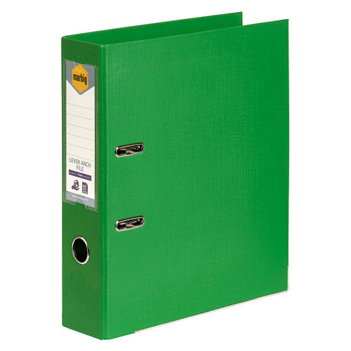 Front three quarter view of the Marbig PE Linen lever arch file in green, standing upright with the printed spine label panel, two metal thumb rings and the metal reinforced thumb hole visible against a white background
