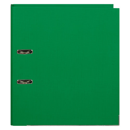 Flat back view of the green Marbig PE Linen A4 lever arch file laid closed, showing the woven linen texture of the polyethylene cover and the two metal thumb rings set into the spine edge