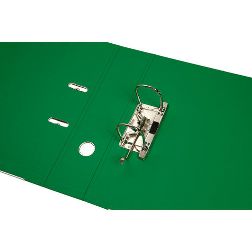 Green Marbig lever arch file opened flat to show the chrome lever arch mechanism, the locking arm, the two ring posts and the punched thumb hole in the front cover