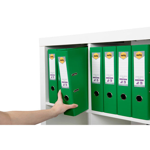 Hand lifting one green Marbig PE Linen lever arch file by the thumb hole from a white shelving unit holding a row of matching green files with printed spine labels