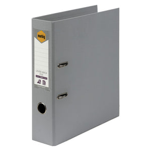 Marbig 6601011 grey A4 lever arch file standing at an angle, Marbig label on the spine above a round thumb hole