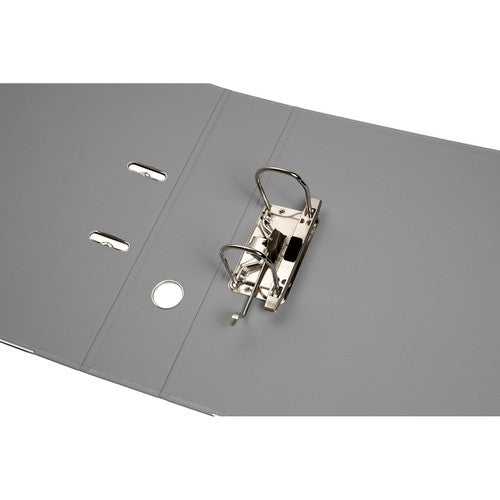 Grey Marbig lever arch file opened flat to show its metal two arch mechanism and lever