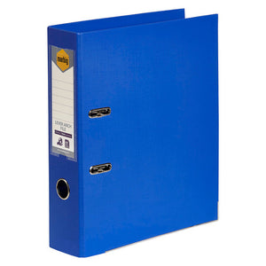Marbig 6601031 bright blue A4 lever arch file, listed by ACCO as royal blue, standing at an angle with its spine label