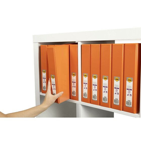 Hand tilting an orange Marbig lever arch file out of a white shelf unit filled with orange files