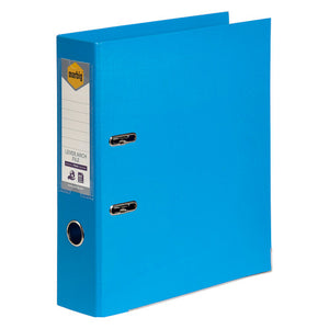 Marbig 6601017 sky blue A4 lever arch file at an angle with a white spine label pocket and a round thumb hole near the base