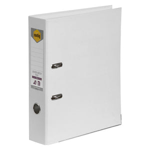 Marbig 6601008 white A4 lever arch file at an angle, showing the spine label pocket, yellow marbig badge and round thumb hole
