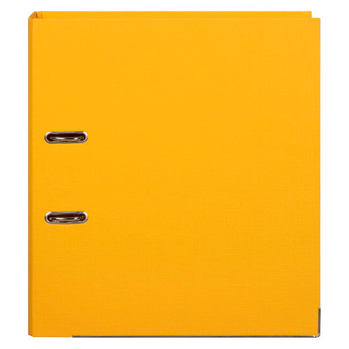 Golden yellow Marbig lever arch file from the front, linen textured cover with two metal rimmed slots