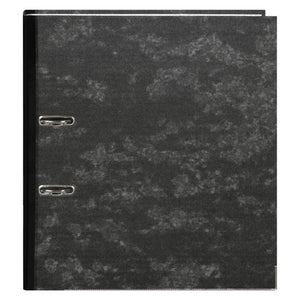 Marbig 63070M A4 lever arch file from the front, black and grey mottle board cover with two metal rimmed slots near the spine