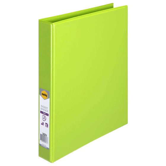 Lime green Marbig Clearview insert binder at an angle, with the marbig retail label and barcode on the 25mm spine