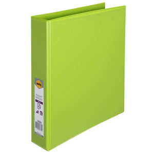 Lime green Marbig Clearview 38mm insert binder standing at an angle with the marbig retail label on the spine