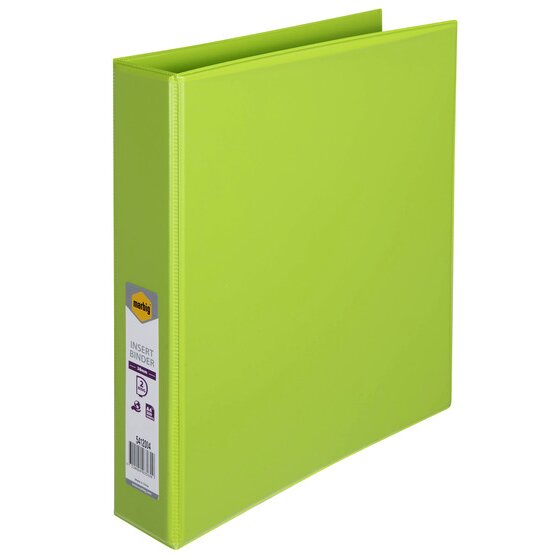 Lime green Marbig Clearview 38mm insert binder standing at an angle with the marbig retail label on the spine