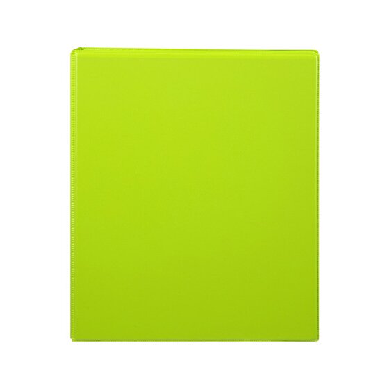 Flat front view of the lime green Marbig Clearview insert binder with the clear overlay edge visible around the cover