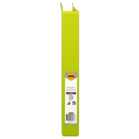 Lime spine of Marbig 5402004 with the label reading INSERT BINDER, 25mm, 2 RING, A4 200 SHEETS and Made in China