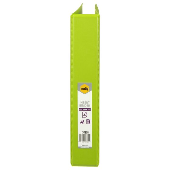 Lime spine of Marbig 5412004 with a label reading INSERT BINDER, 38mm, 2 RING, A4 300 SHEETS and Made in China