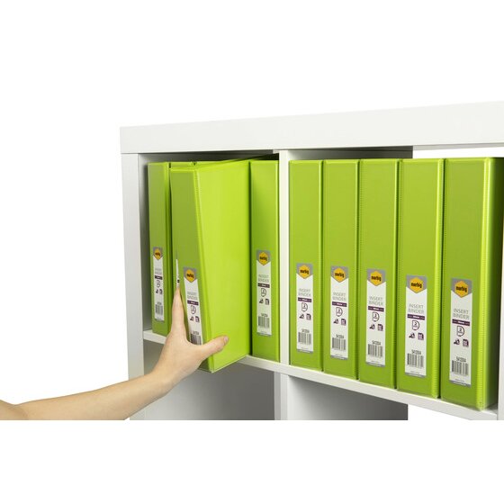 Hand pulling a lime green Marbig binder from a white shelf of matching lime binders with retail labels