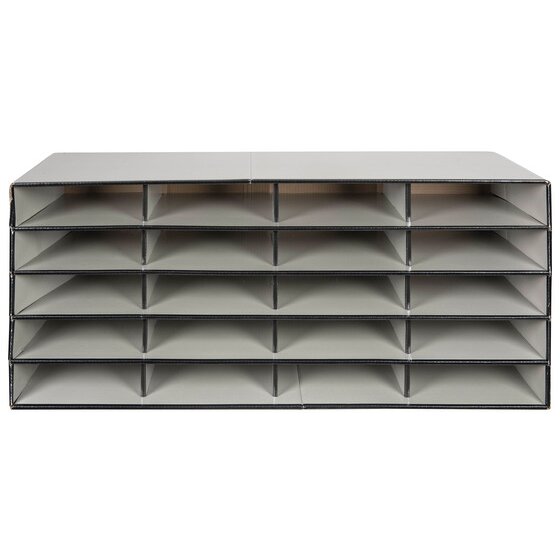 Front view of the empty Marbig grey literature sorter showing four columns and five rows of open compartments with black edge trim