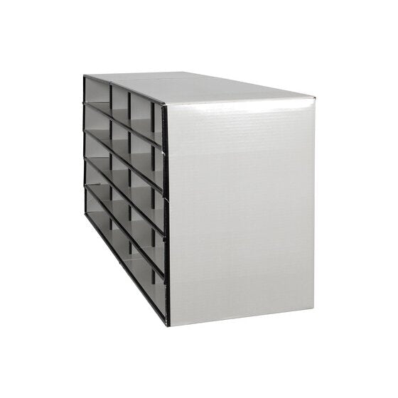 Side angle of the Marbig grey literature sorter showing the white outer side panel and the stacked compartments behind it