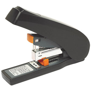 Marbig low force heavy duty stapler in black with orange tabs, a chrome magazine and a staple chart label printed on the base