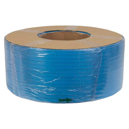 Marbig 3000m roll of blue polypropylene machine pallet strapping in 0.95mm gauge, coiled between card discs and shrink wrapped with a green arrow