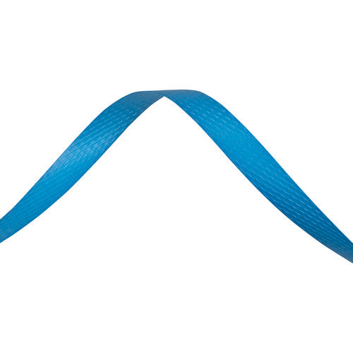 Length of blue Marbig 12mm polypropylene pallet strap bent into an arch against a white background, showing its textured face
