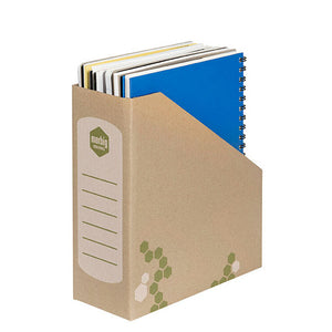 Marbig 80050A kraft magazine holder with a ruled identification panel on the front, holding magazines and a blue spiral bound book