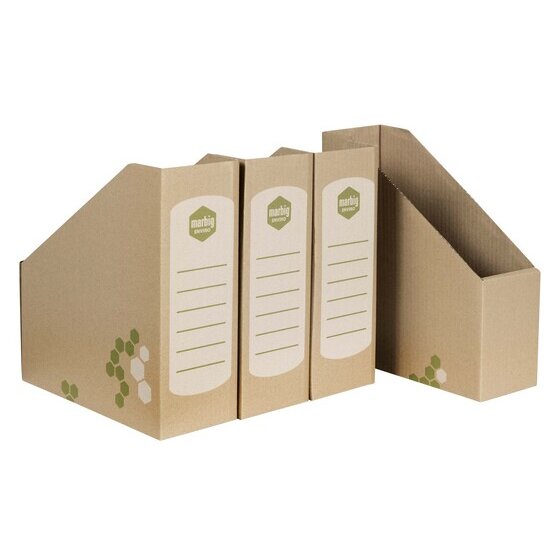 Four Marbig kraft magazine holders in a row, three showing their ruled front label panels and one turned to show the sloping side