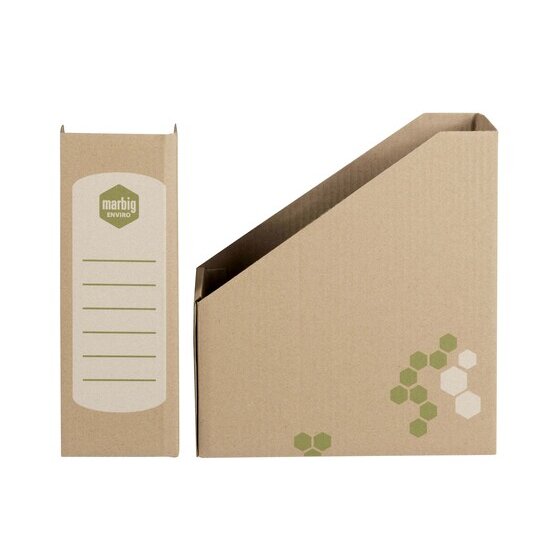 Marbig kraft magazine holder shown two ways, the narrow front with its ruled label panel beside the side view with the angled cut