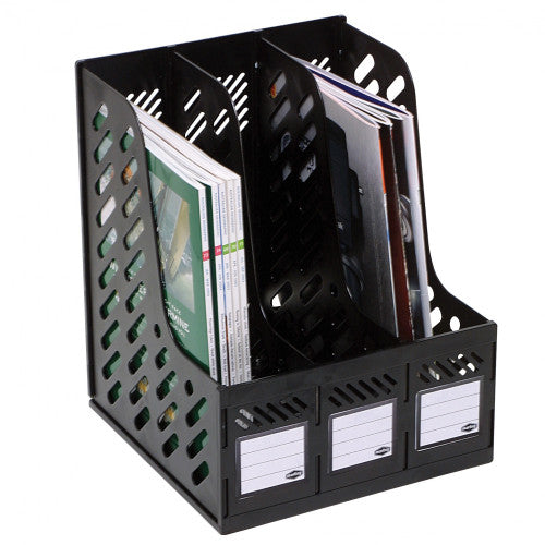 Marbig 864100 black three section magazine rack with slotted side panels and a white label card on the low front of each section, holding magazines