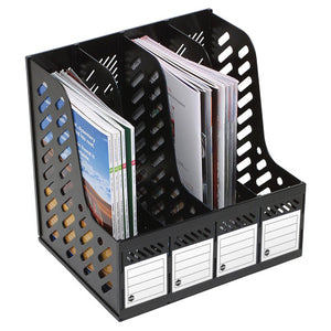 Marbig 864200 black four section magazine rack with slotted panels, low cut fronts and a white label card on each section, holding magazines