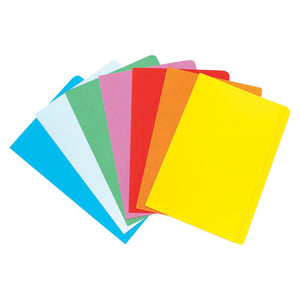 A fanned range photograph of eight Marbig foolscap manilla folders in blue, light blue, green, pink, red, orange and yellow, laid overlapping on white. This is a range shot of the folder range and not a photograph of the pack contents; the listed pack breakdown is four blue, four red, four yellow, four purple and four green.