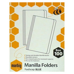 Marbig retail carton for foolscap manilla folders in blue, white with orange honeycomb graphics, printed Box 100 and listing rounded corners, a pre creased spine for increased capacity and pre cut for fasteners.