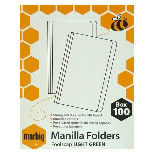 Marbig Manilla Folder Foolscap Light Green Box of 100