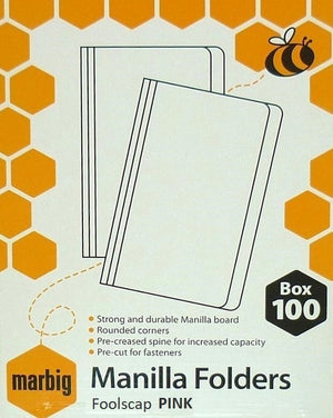 Marbig retail carton for foolscap manilla folders in pink, white with orange honeycomb graphics and a bee, printed Box 100 and listing the board, rounded corners, pre creased spine and pre cut fastener positions.