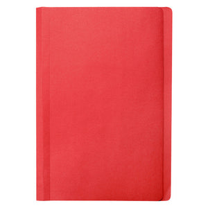 A single red Marbig foolscap manilla folder photographed flat on white, closed, showing an even red board with a plain square leading edge and a crease running down the spine fold.